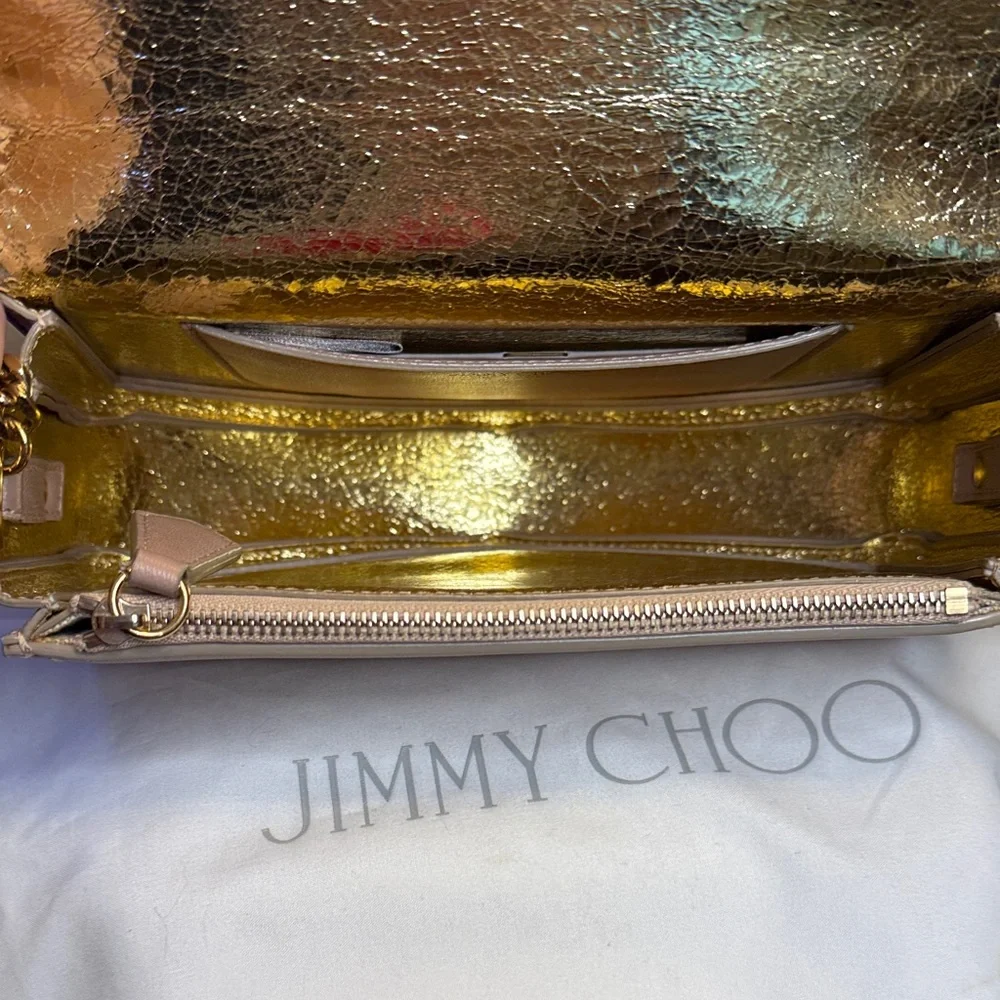 Jimmy Choo Authentic Taupe Crossbody Bag w/Metallic Interior, Dusty, Auth Card